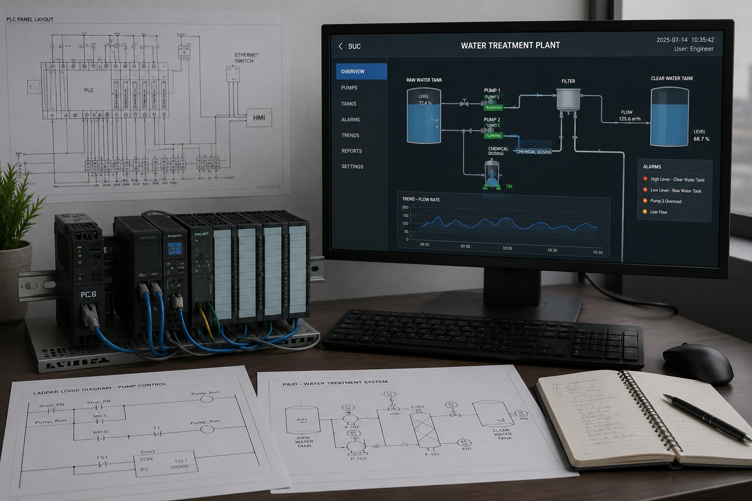PLC, HMI and engineering documents for a water treatment control system