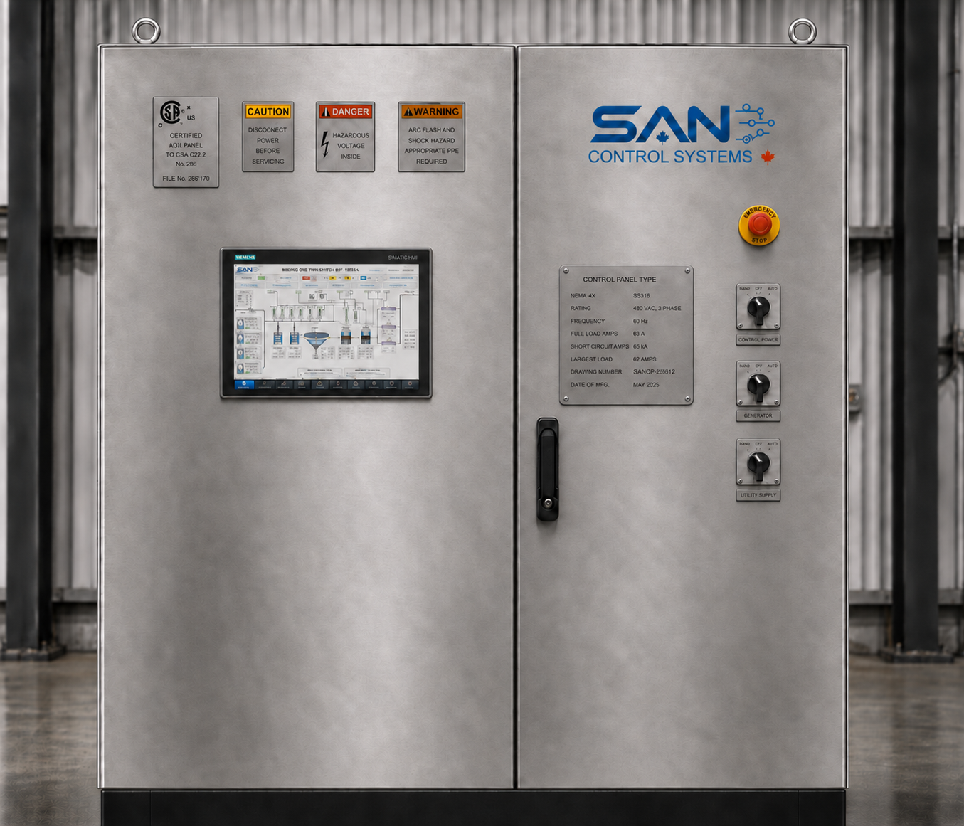 SAN Control Systems branded stainless-steel industrial control panel